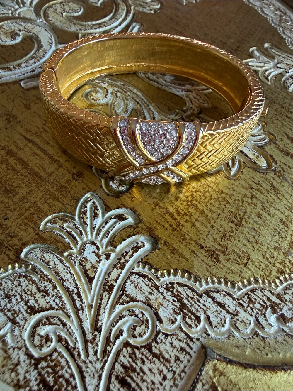 Vintage Signed Nolan Miller Gold Tone Basketweave Rhinestone Bangle Bracelet